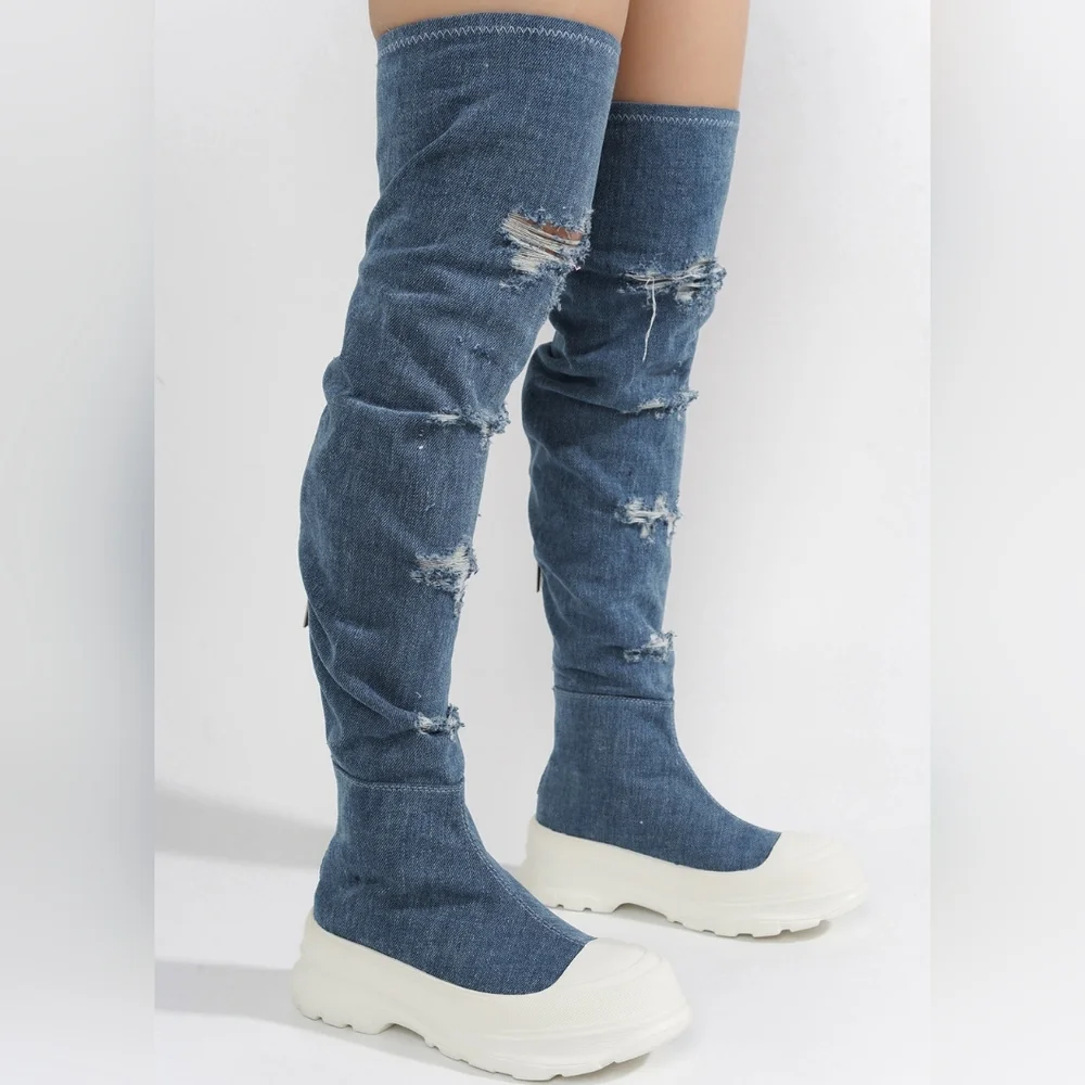 Cape Robbin Distressed Denim Blue Over-the-Knee Sock Boots with White Platform